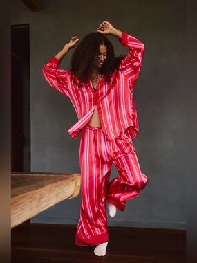 Free People Red and Pink Striped Satin Pajama Set